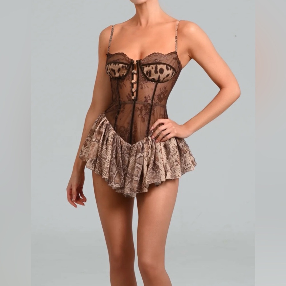 The Dolls House Roxanna Dolce Lace Romper Mini Dress Safari Leopard Brown